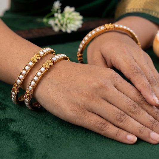 JS Fashion Temple Design Pearl Bangles High Gold Finish