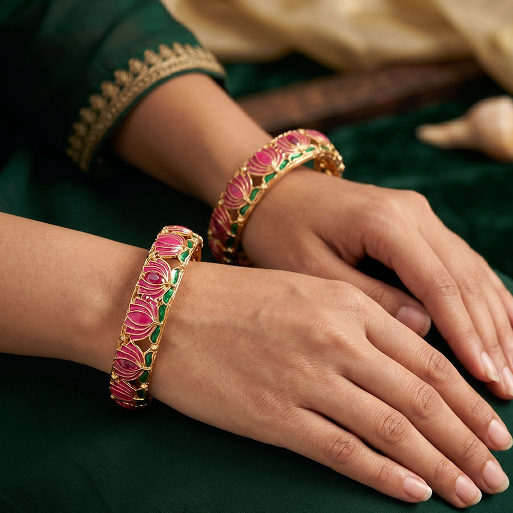 JS Fashion Ethnic Gold Finish Lotus Bangles Set Festive Wear