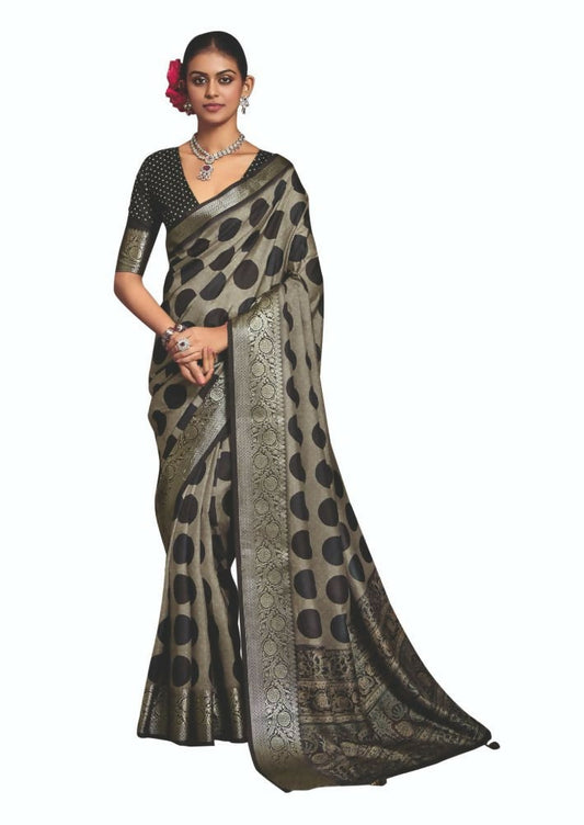 Joban Fashion Dark Grey Dola Tussar Silk Self Jacquard Border Saree