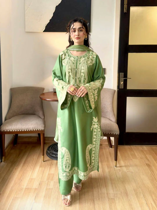 Teeya Creation Womenes New Trendy Heavy Embroidery Work Kurta Palazzo Set - Green