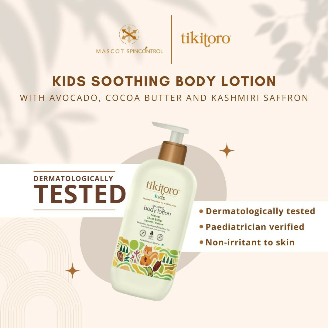 Tikitoro Kids Soothing Body Lotion 100% Vegan with Avocado, Cocoa Butter, Kashmiri Saffron Extract, Moisturizes, Soothes & Nourishes Skin  Grab2Buy Tikitoro Grab2Buy