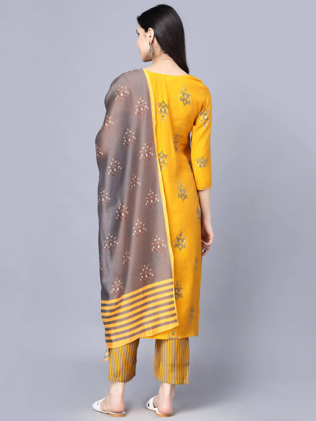 Myshka Women Mustard Yellow Ethnic Motifs Embroidered Panelled Kurti with Trousers With Dupatta