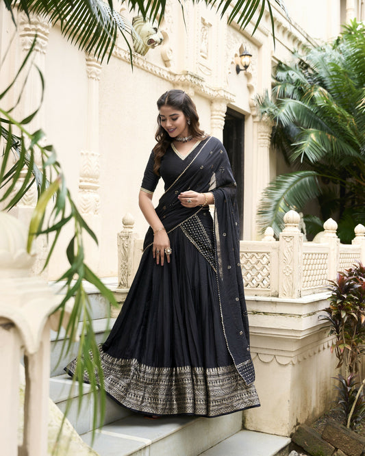 Lorenvalley Black Pure Chanderi Plain With Zari Weaving Work Border Lehenga Choli 