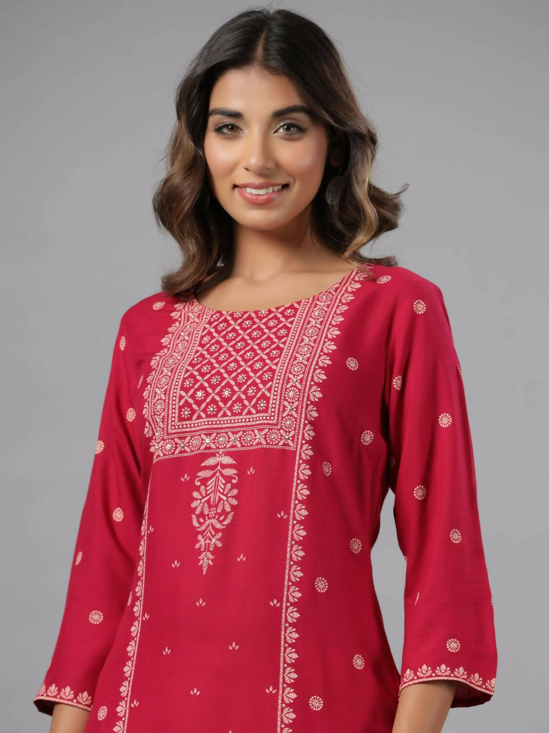 Juniper Women Fuchsia Rayon Printed Knee Length Straight Kurta