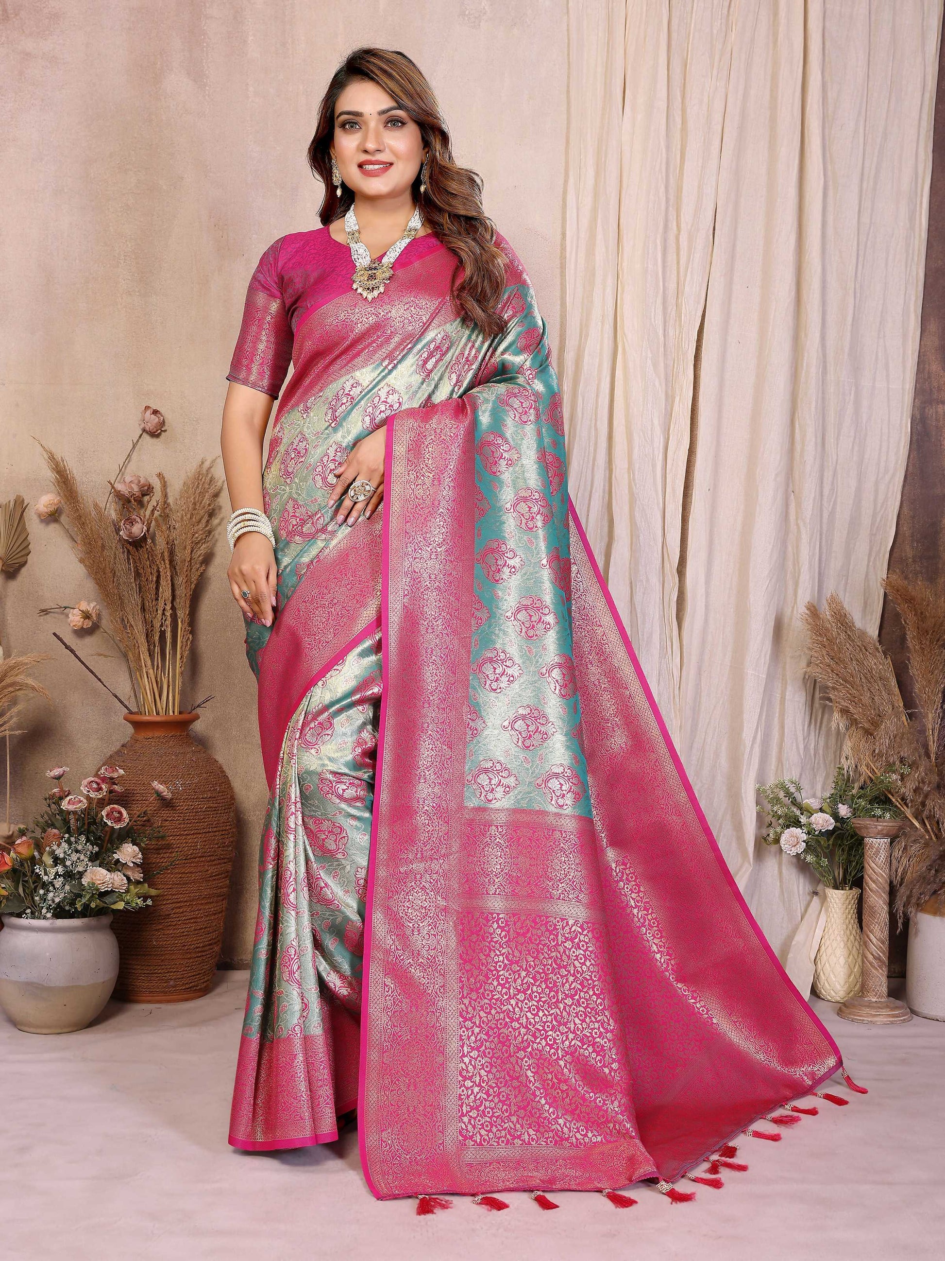 Aastha Fashion Aqua Banarasi Tissue Silk Weaving Saree