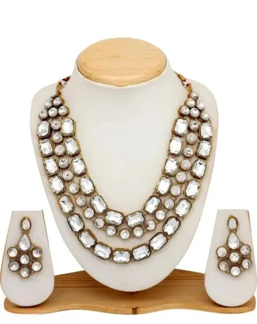 Jewel City Modern Kundan-Style Clear Stone Necklace Set with Earrings Handcrafted Gold-Plated Party Wear Set for Women 