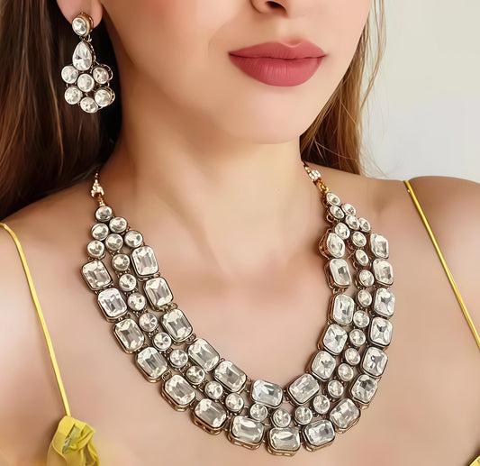 Jewel City Modern Kundan-Style Clear Stone Necklace Set with Earrings Handcrafted Gold-Plated Party Wear Set for Women 