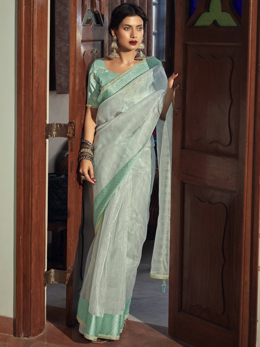 Aastha Fashion Women's Peach Sea Green Organza Zari Woven Saree with Blouse - Grab2buy