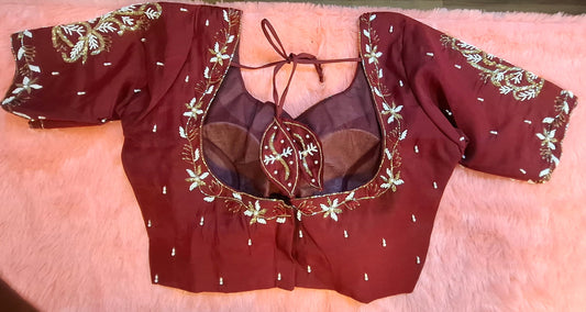 Kia Fashions Maroon Cotton Silk Hand Embroidered Readymade Blouse