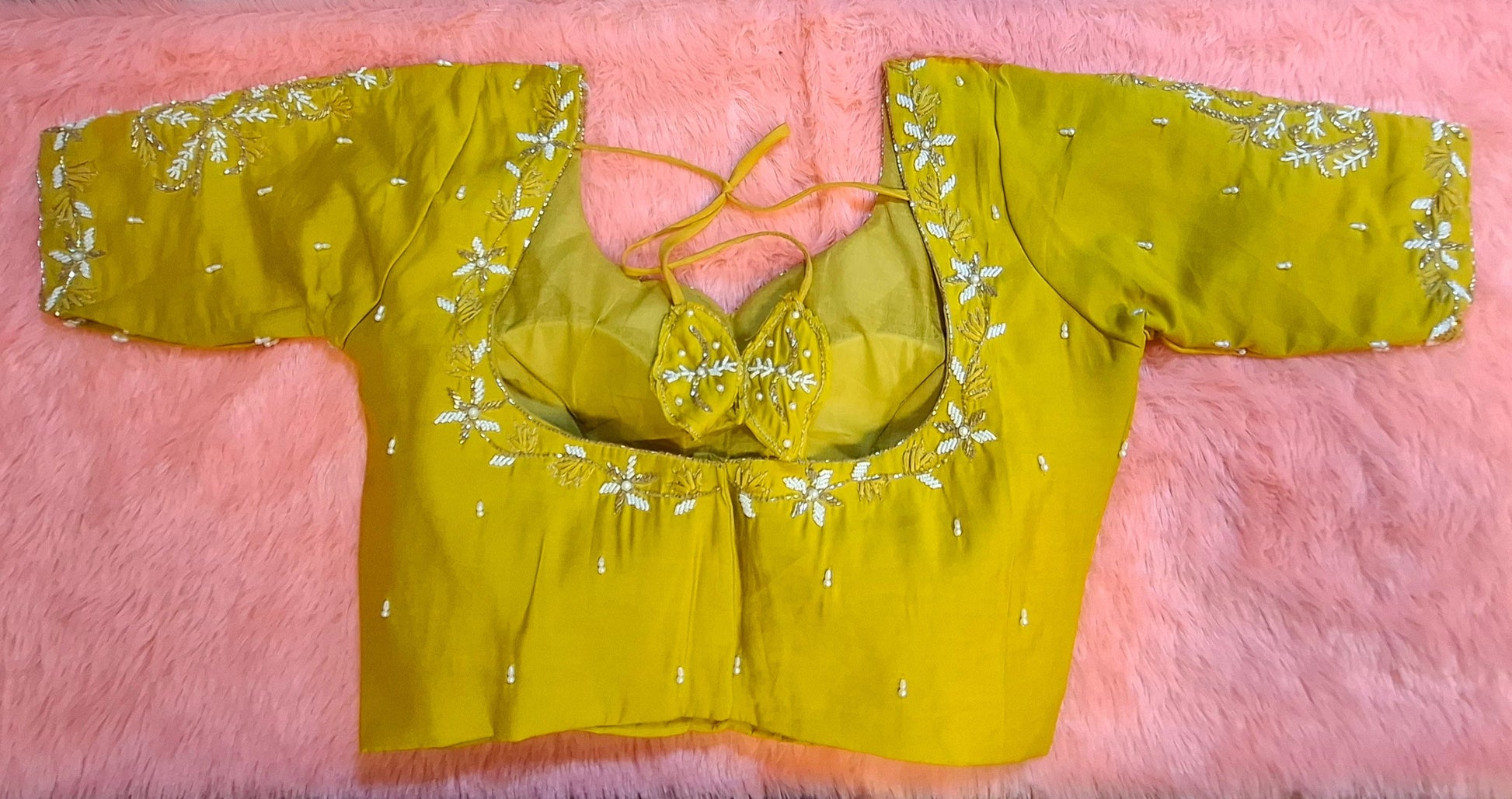 Kia Fashions Mustard Yellow Cotton Silk Hand Embroidered Readymade Blouse 