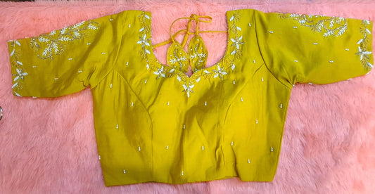 Kia Fashions Mustard Yellow Cotton Silk Hand Embroidered Readymade Blouse 
