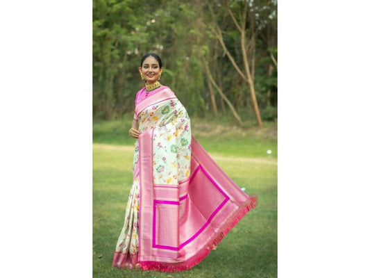 Aastha Fashion Women's Off White Banarasi Silk Meenakari Zari Woven Saree with Blouse - Grab2buy