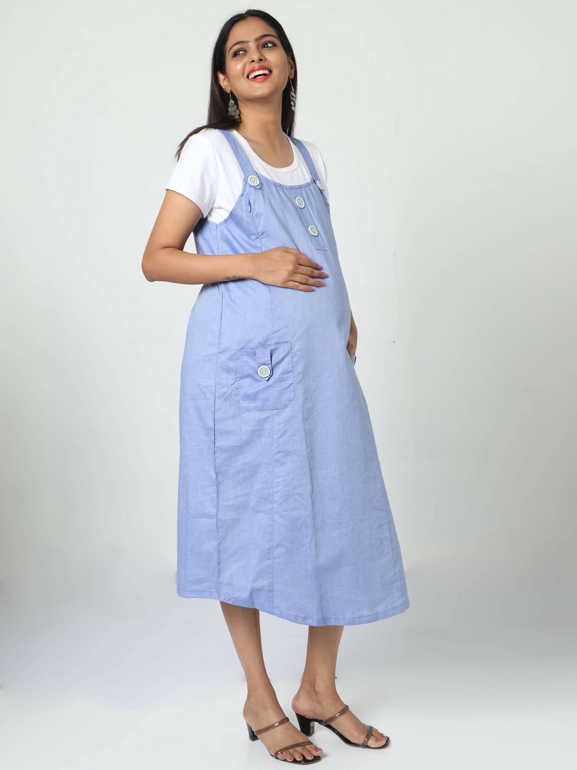 Manet Half Sleeves Solid Maternity Dress With Concealed Zipper Nursing Access - Blue