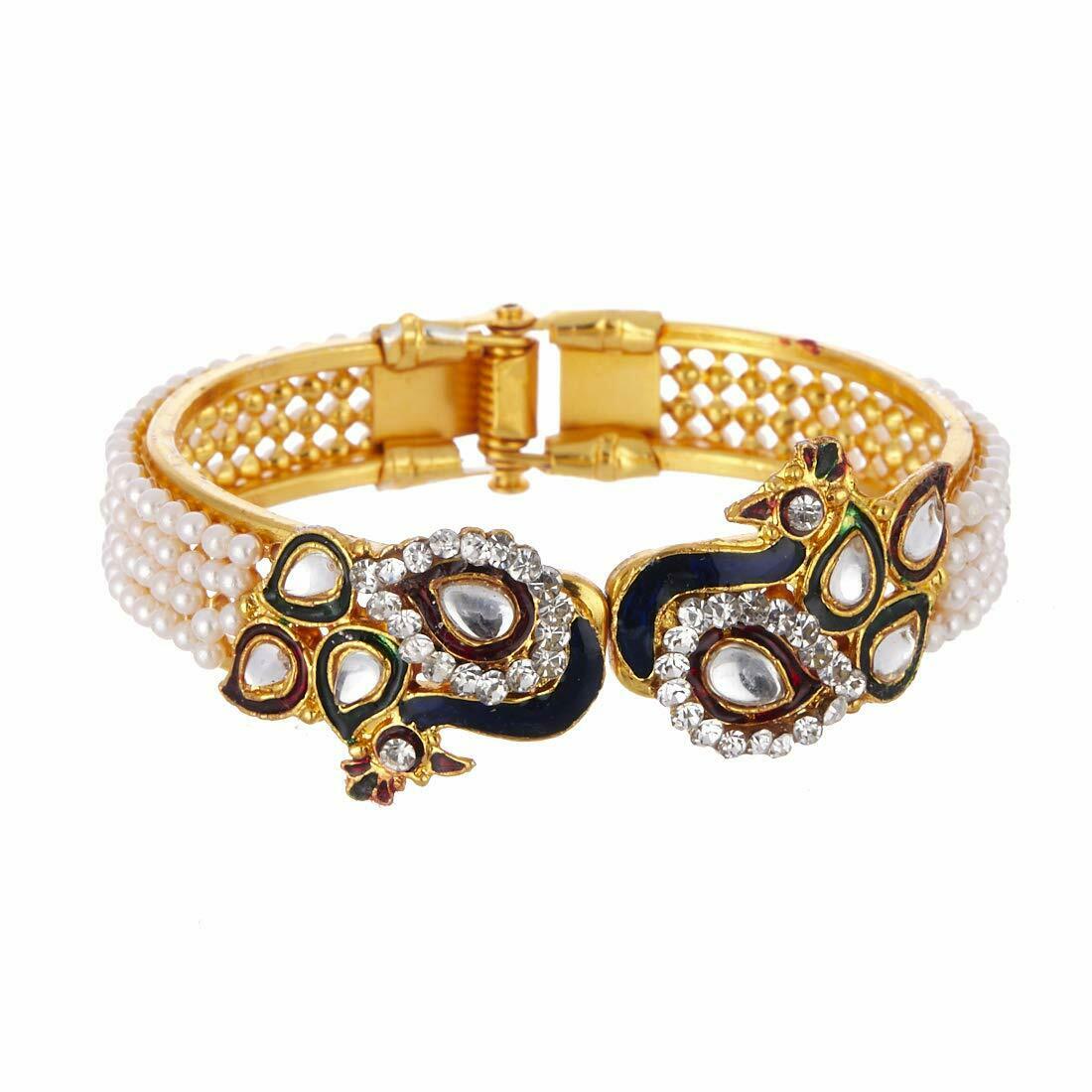 Gold-Polished Alloy Peacock Shape Enamel And Pearl Bangle Set - The Pari 