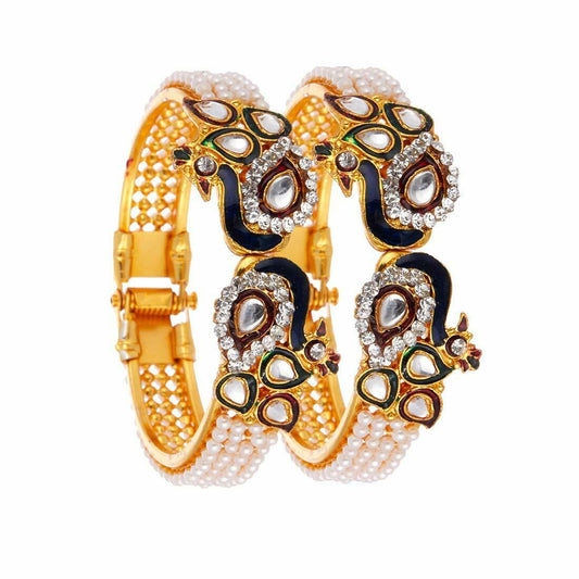 Gold-Polished Alloy Peacock Shape Enamel And Pearl Bangle Set - The Pari 