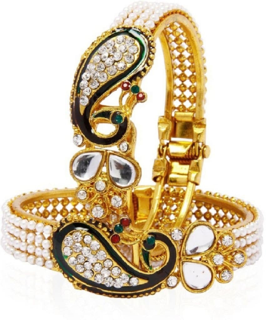 Gold-Polished Alloy Pearl Studded Peacock Enamel Bangle - The Pari 