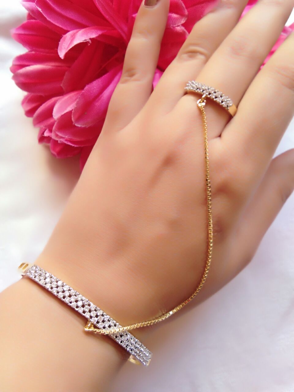 Gold-Polished Alloy American Diamond Hand Harness Bracelet - The Pari | Grab2Buy