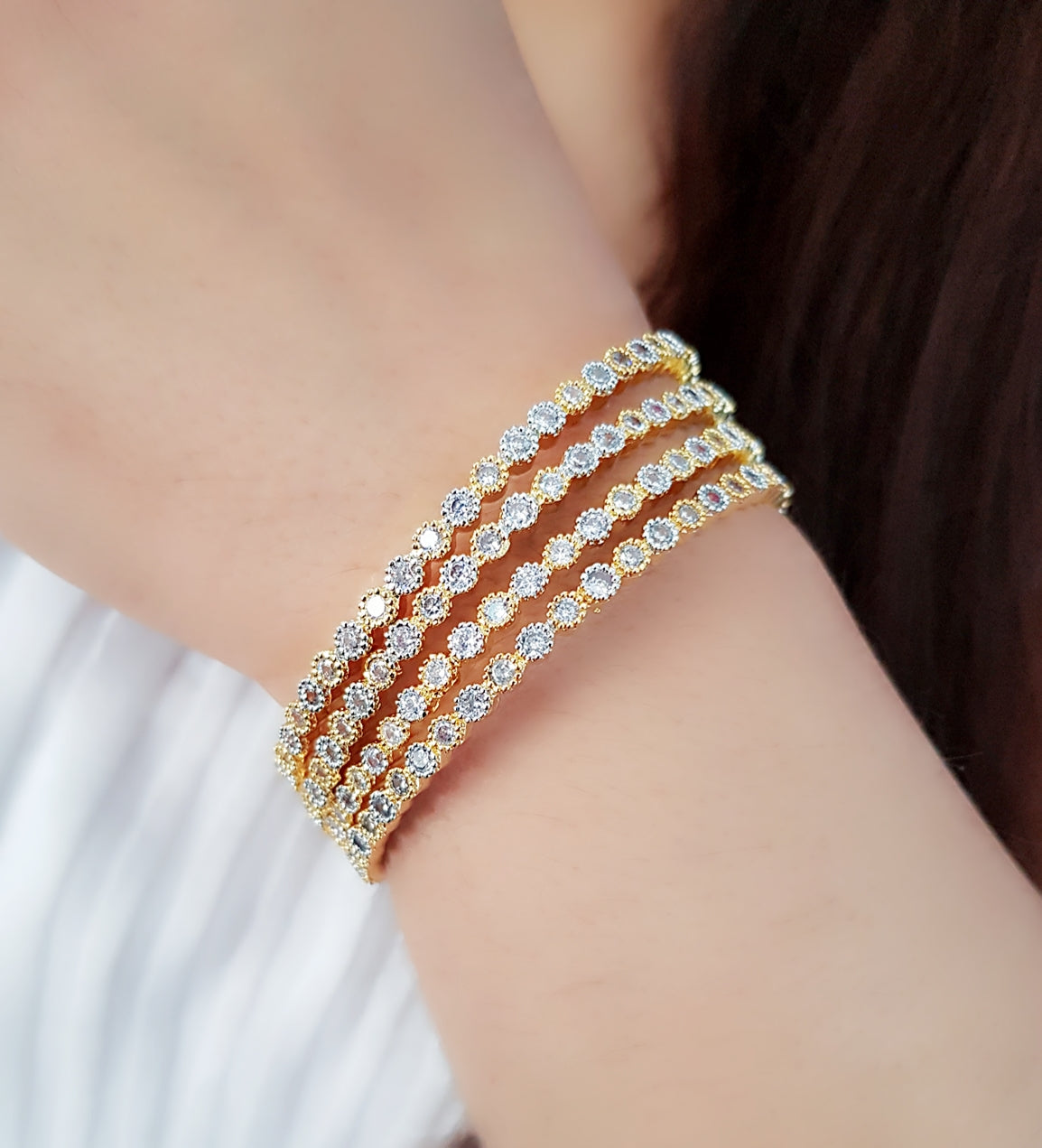 Gold-Polished Alloy Gold Silver American Diamond 4 Bangles - The Pari