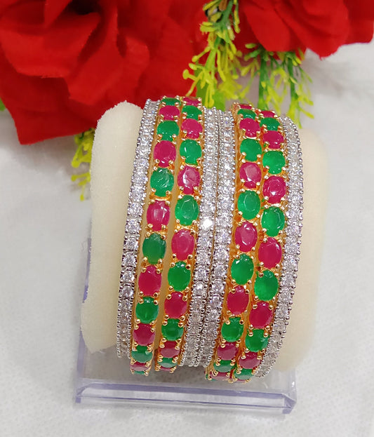 Gold-Polished Alloy Designer Red Green Combo Of Ad Bangles - The Pari 