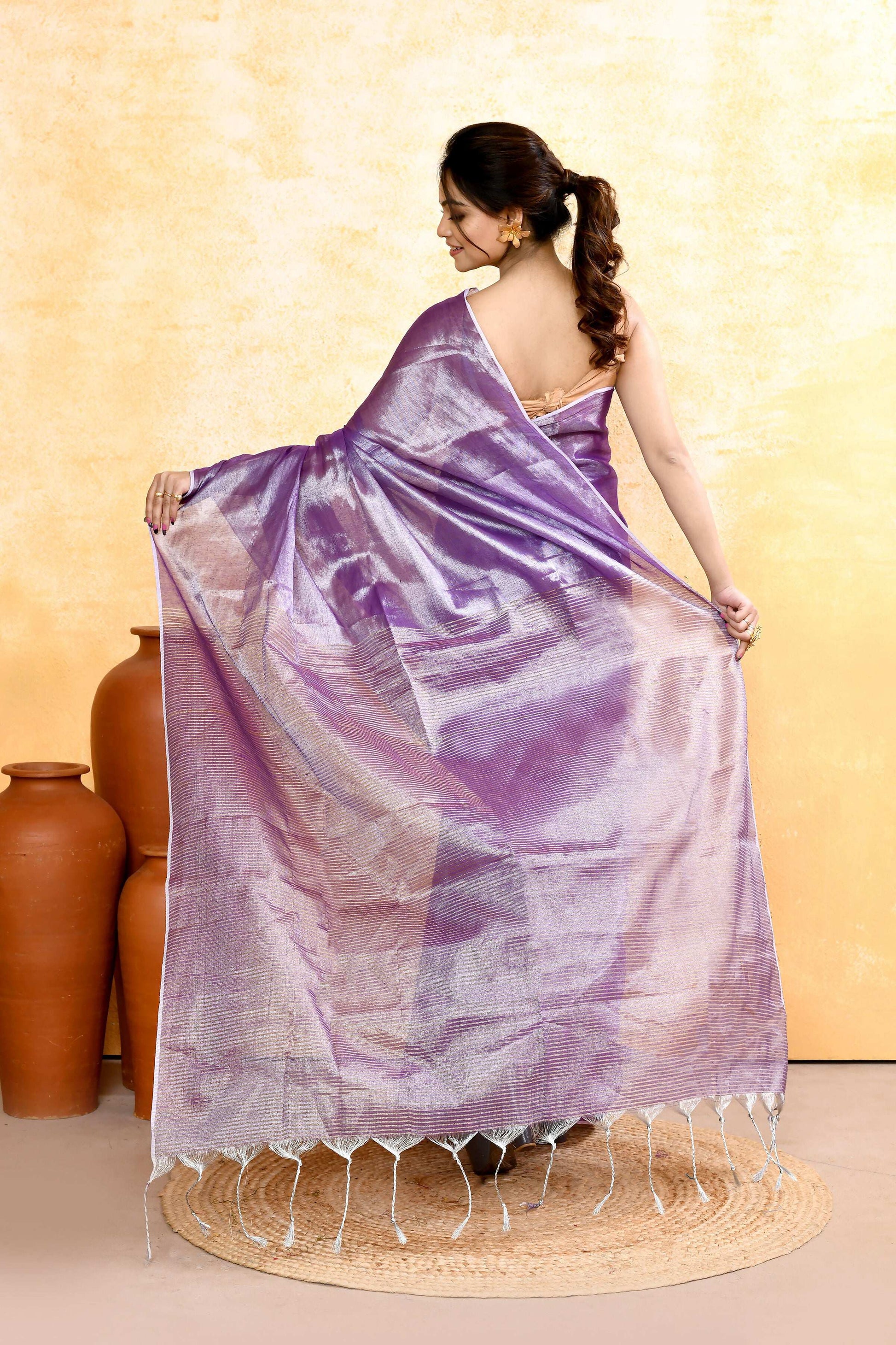 Piyari Fashion Women's Lavender Dual Tone Organic Tissue Saree With Blouse Piece