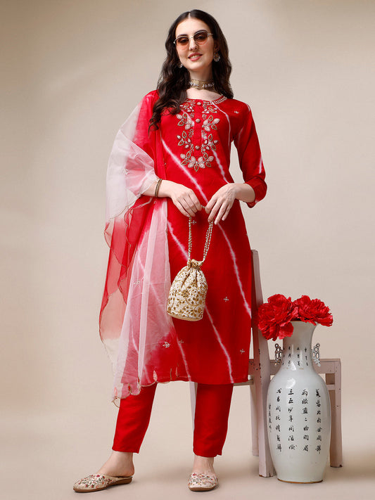 Hand Embroidered & Leheriya Printed Kurta With Pant & Dupatta, Multicolor - Hiral Fashion
