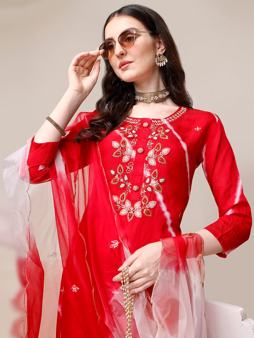 Hand Embroidered & Leheriya Printed Kurta With Pant & Dupatta, Multicolor - Hiral Fashion