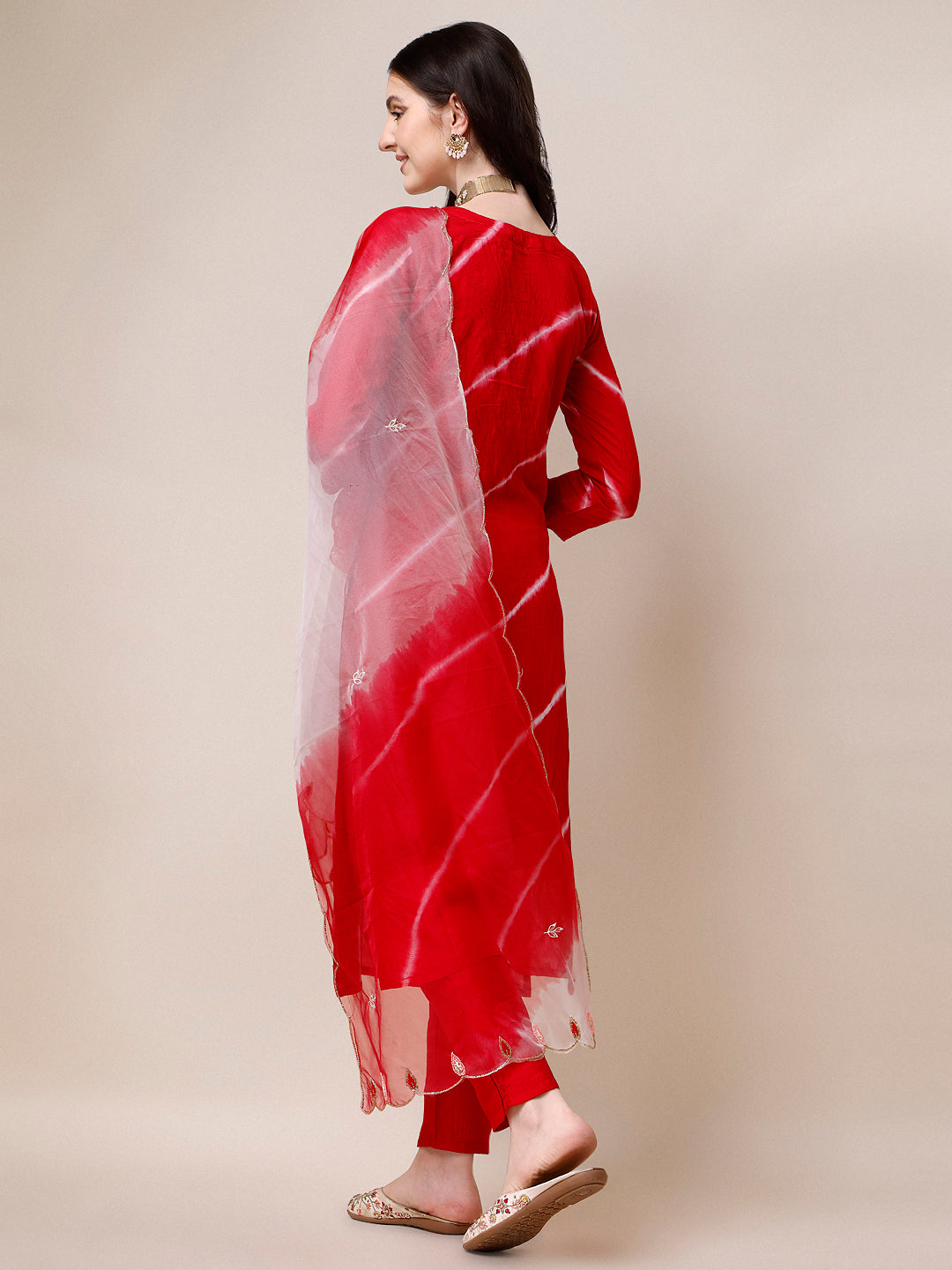 Hand Embroidered & Leheriya Printed Kurta With Pant & Dupatta, Multicolor - Hiral Fashion