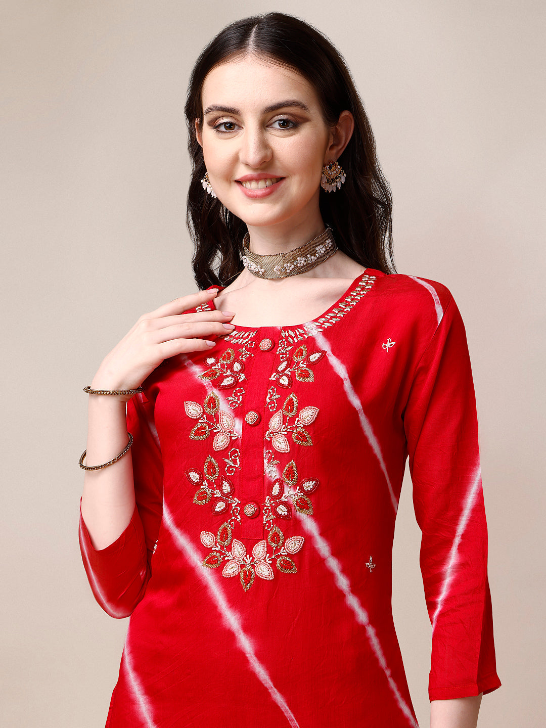 Hand Embroidered & Leheriya Printed Kurta With Pant & Dupatta, Multicolor - Hiral Fashion