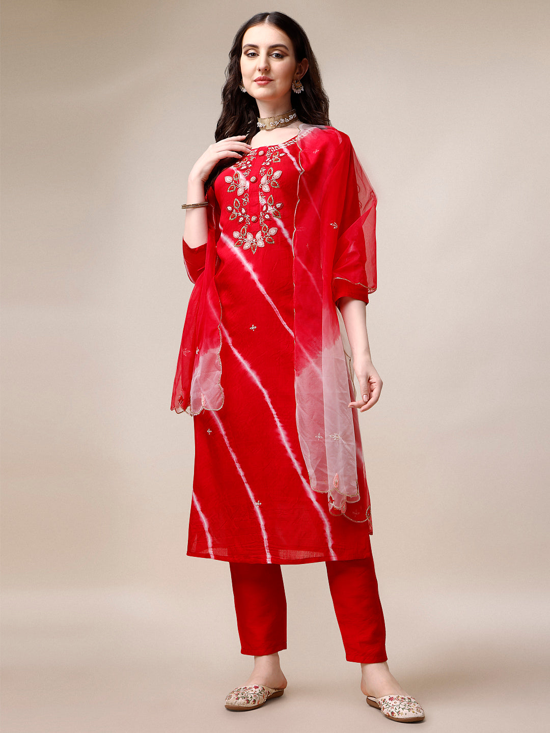 Hand Embroidered & Leheriya Printed Kurta With Pant & Dupatta, Multicolor - Hiral Fashion