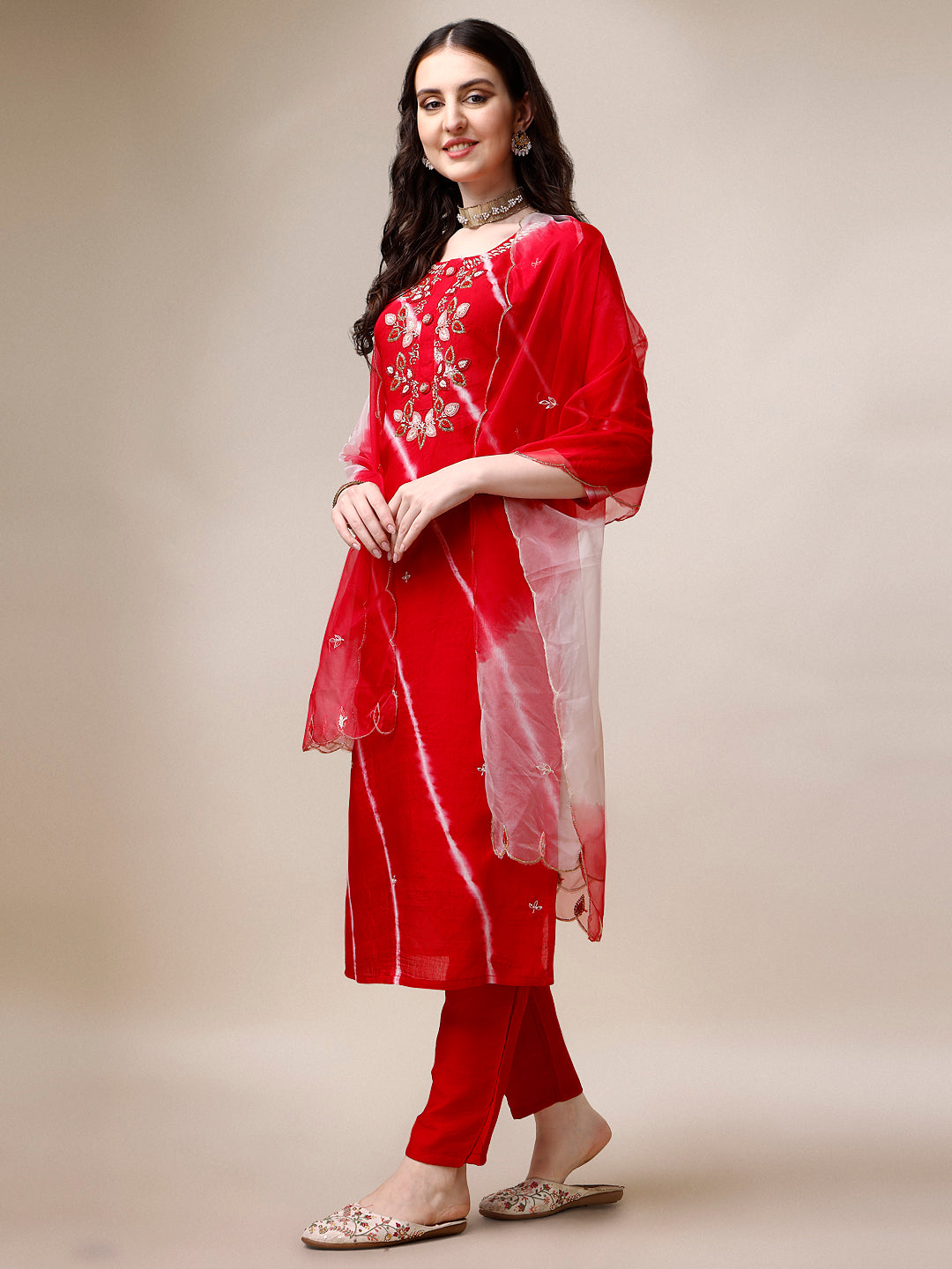Hand Embroidered & Leheriya Printed Kurta With Pant & Dupatta, Multicolor - Hiral Fashion
