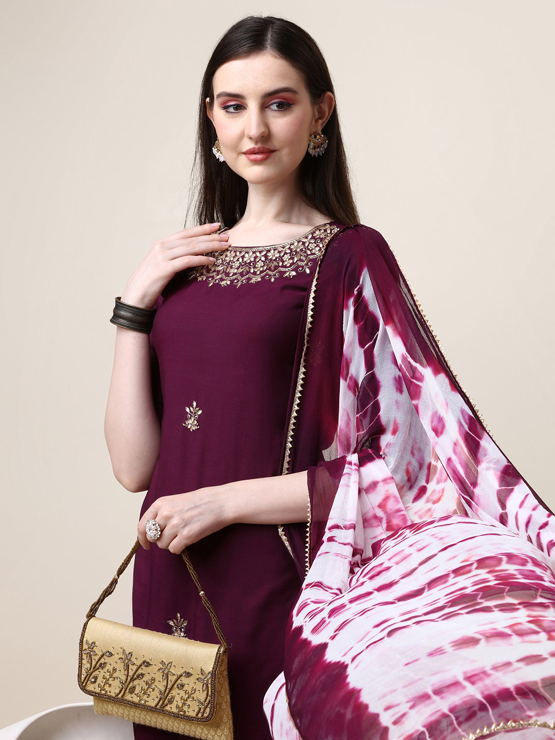 Hand Embroidered Kurta With Pant And Dupatta Set, Multicolor - Hiral Fashion