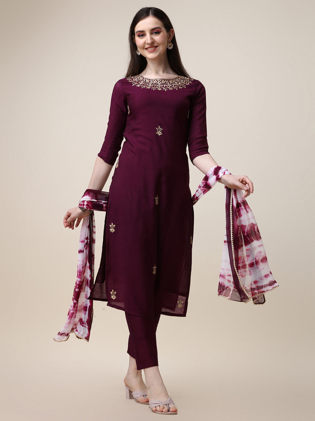 Hand Embroidered Kurta With Pant And Dupatta Set, Multicolor - Hiral Fashion