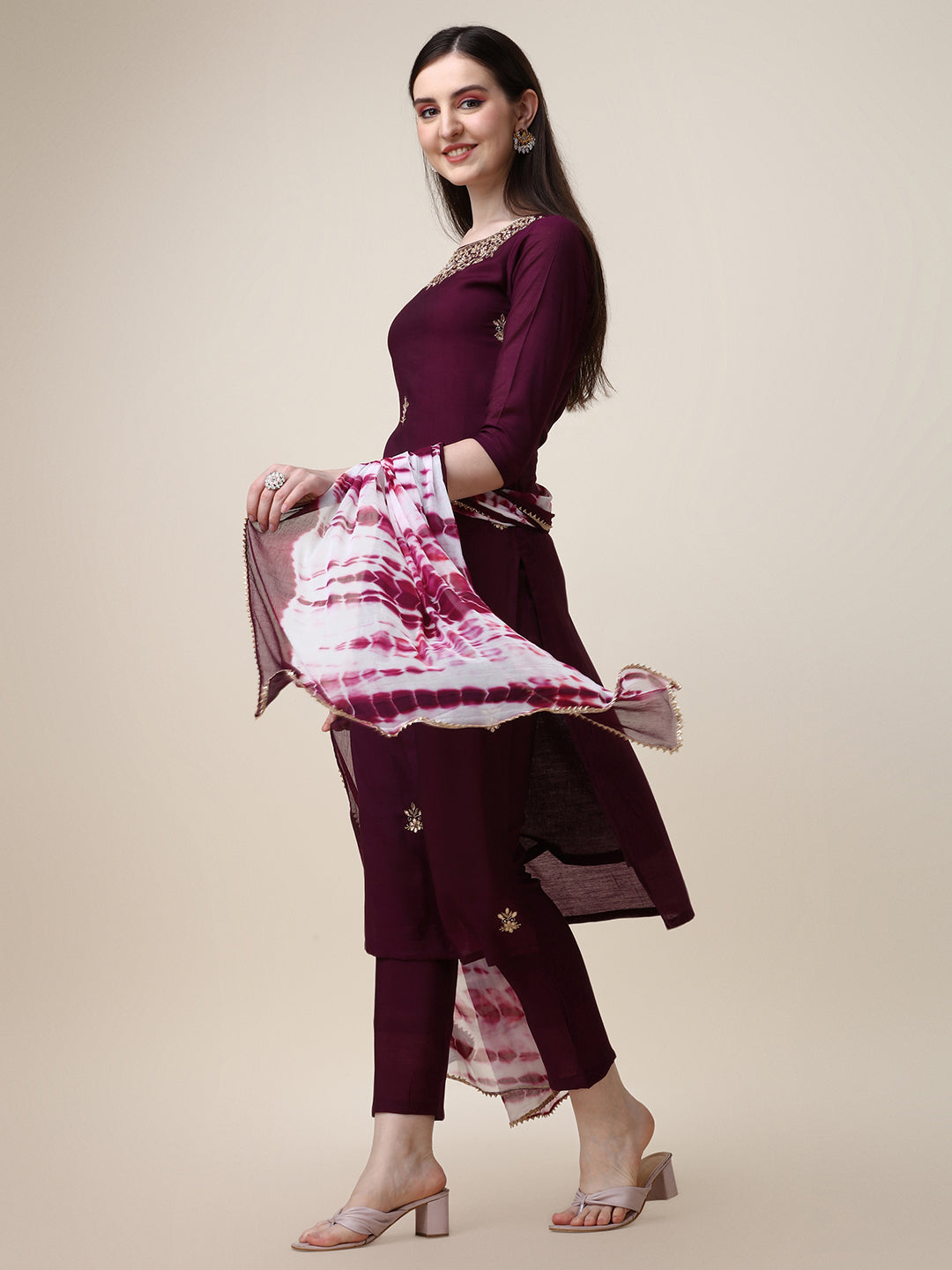 Hand Embroidered Kurta With Pant And Dupatta Set, Multicolor - Hiral Fashion