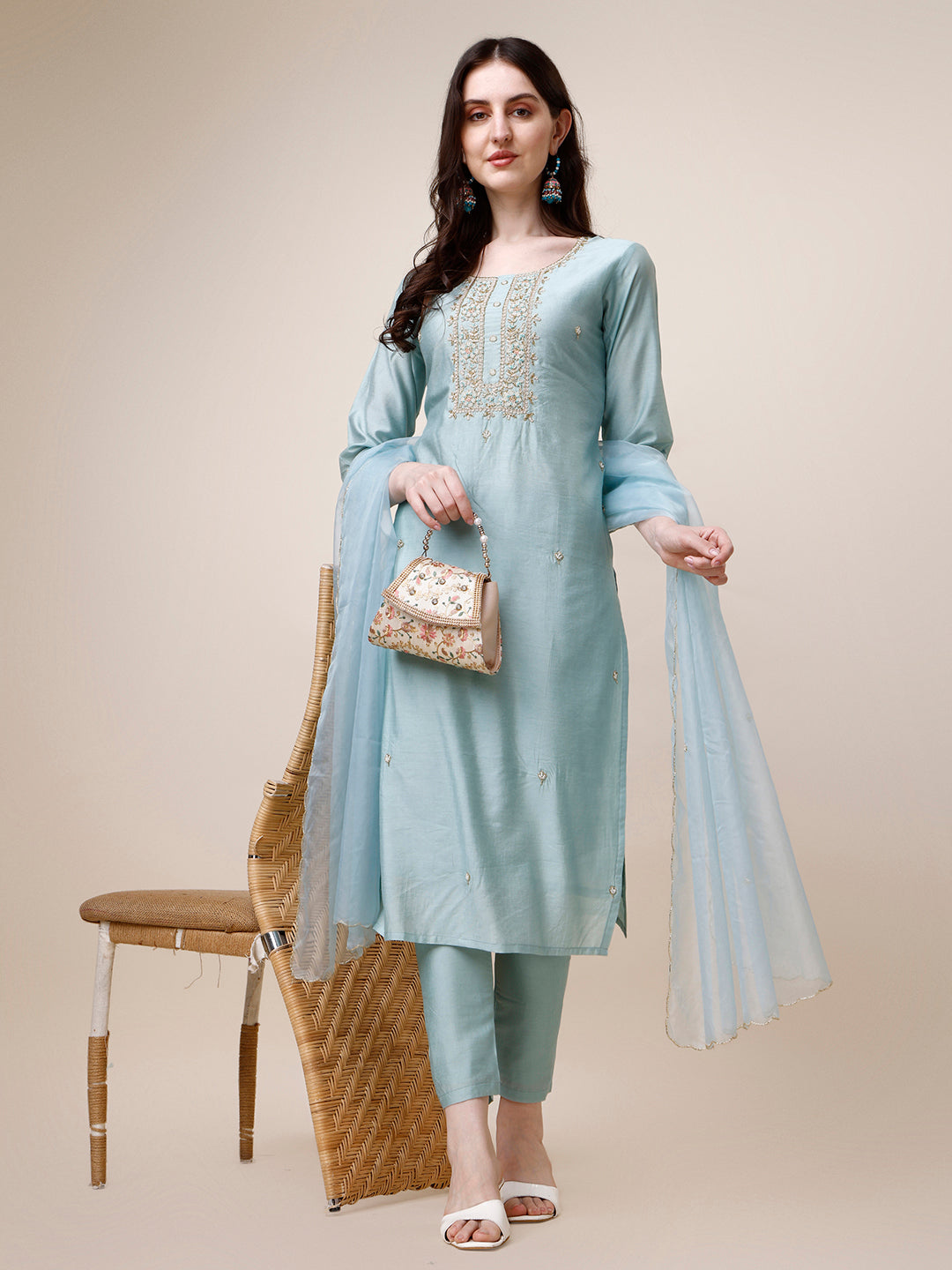Hand Embroidered Kurta With Pant And Dupatta Set, Multicolor - Hiral Fashion