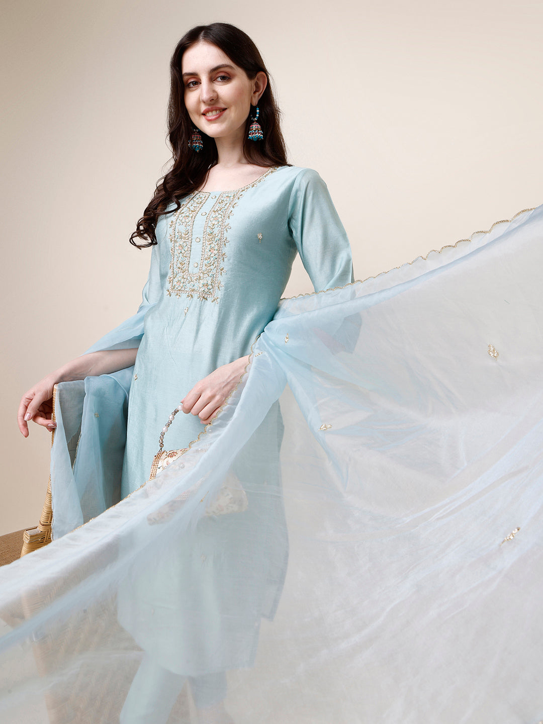 Hand Embroidered Kurta With Pant And Dupatta Set, Multicolor - Hiral Fashion