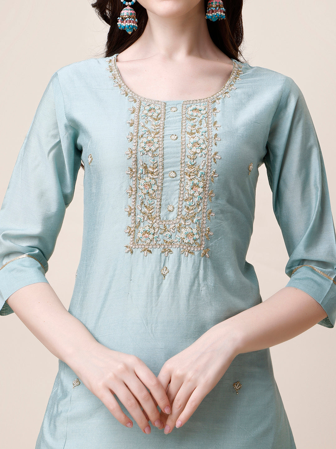 Hand Embroidered Kurta With Pant And Dupatta Set, Multicolor - Hiral Fashion