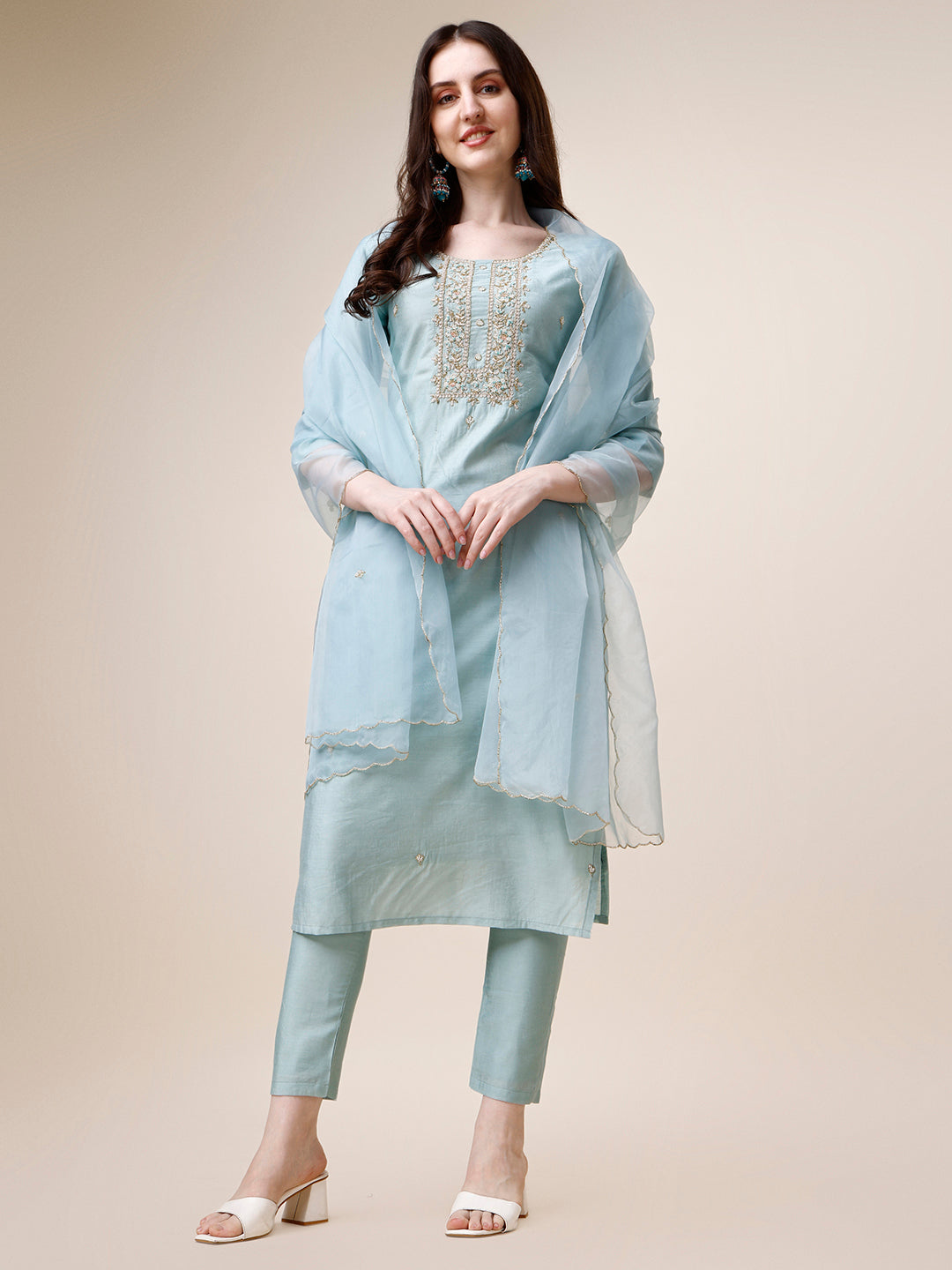 Hand Embroidered Kurta With Pant And Dupatta Set, Multicolor - Hiral Fashion