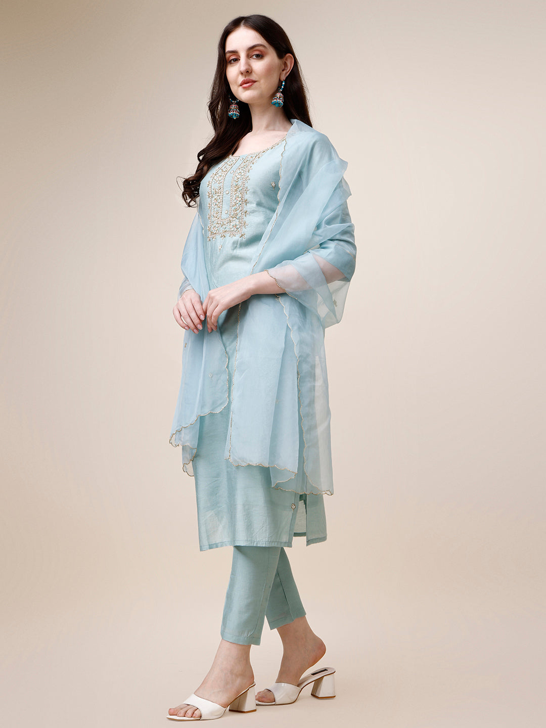 Hand Embroidered Kurta With Pant And Dupatta Set, Multicolor - Hiral Fashion