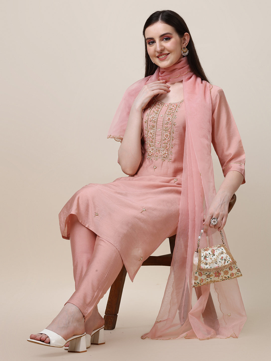 Hand Embroidered Kurta With Pant And Dupatta Set, Multicolor - Hiral Fashion