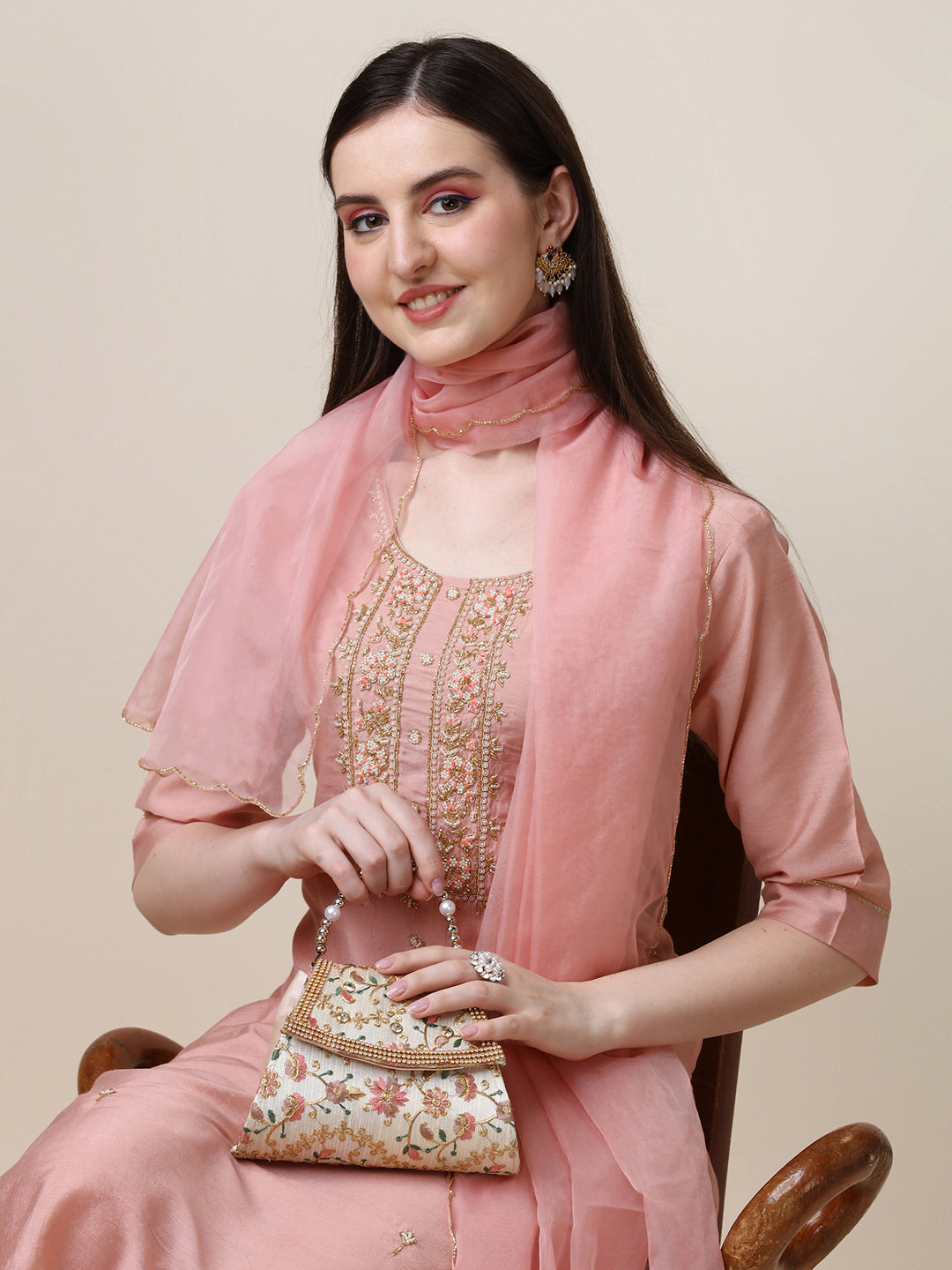 Hand Embroidered Kurta With Pant And Dupatta Set, Multicolor - Hiral Fashion