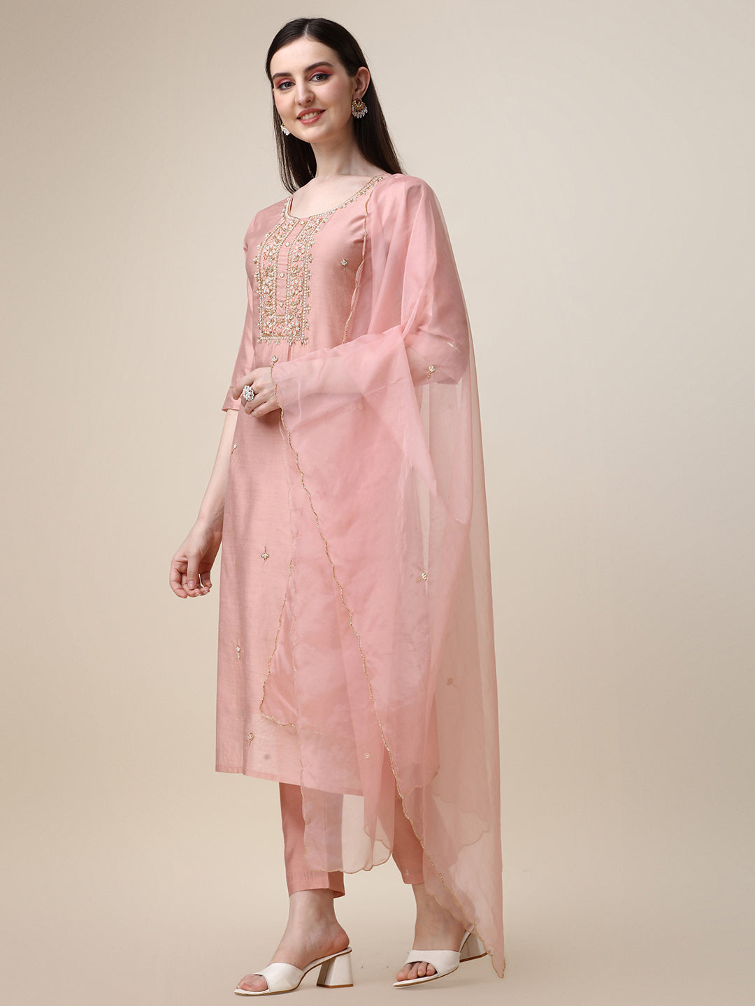 Hand Embroidered Kurta With Pant And Dupatta Set, Multicolor - Hiral Fashion