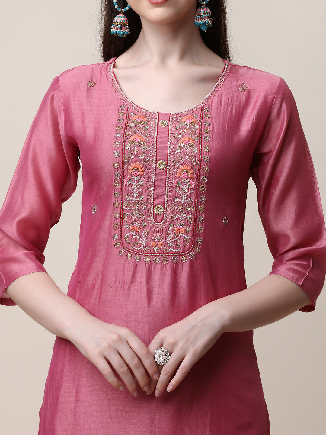 Embroidered Pink Kurta With Pant And Dupatta Set, Multicolor - Hiral Fashion