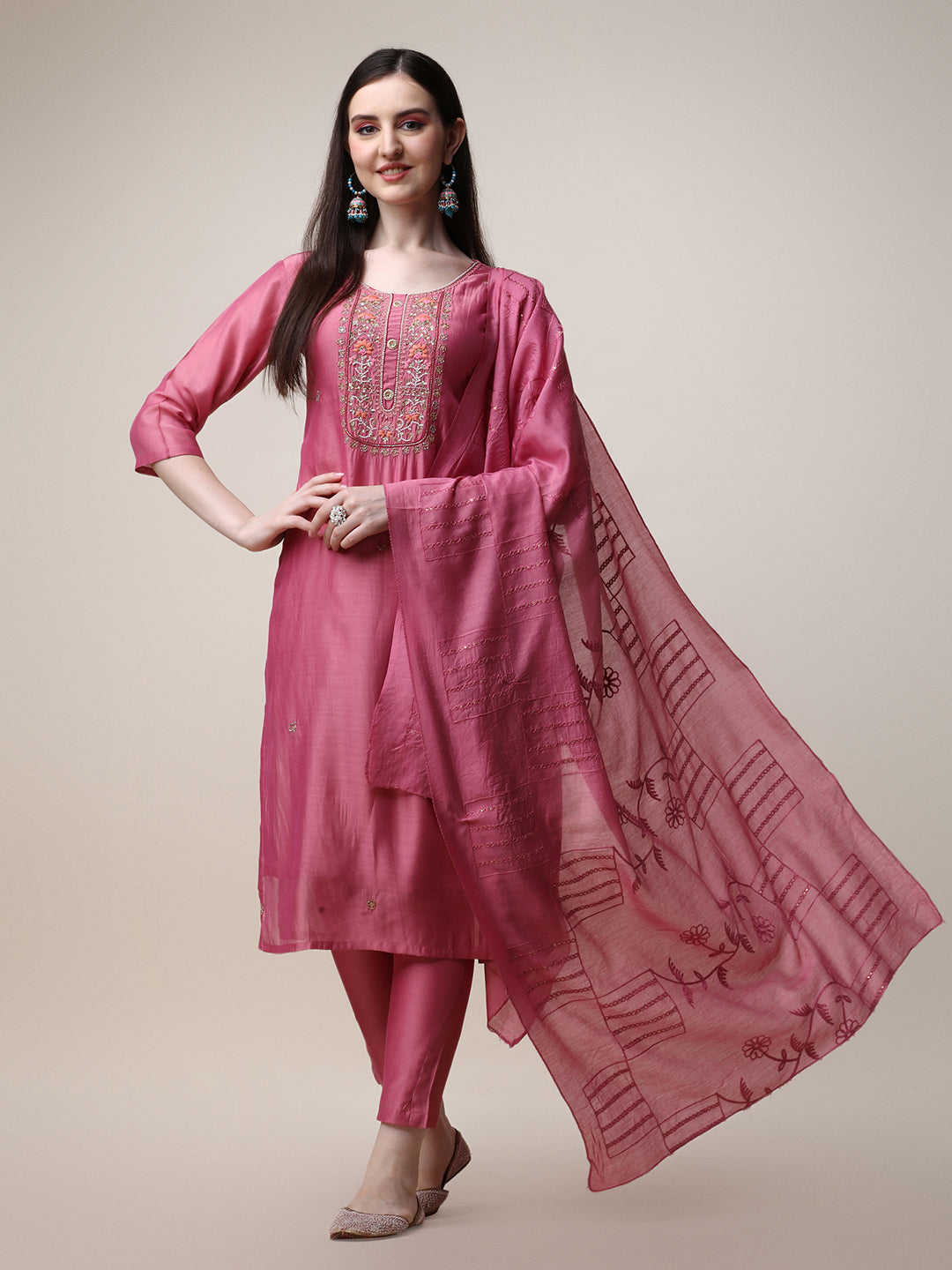 Embroidered Pink Kurta With Pant And Dupatta Set, Multicolor - Hiral Fashion