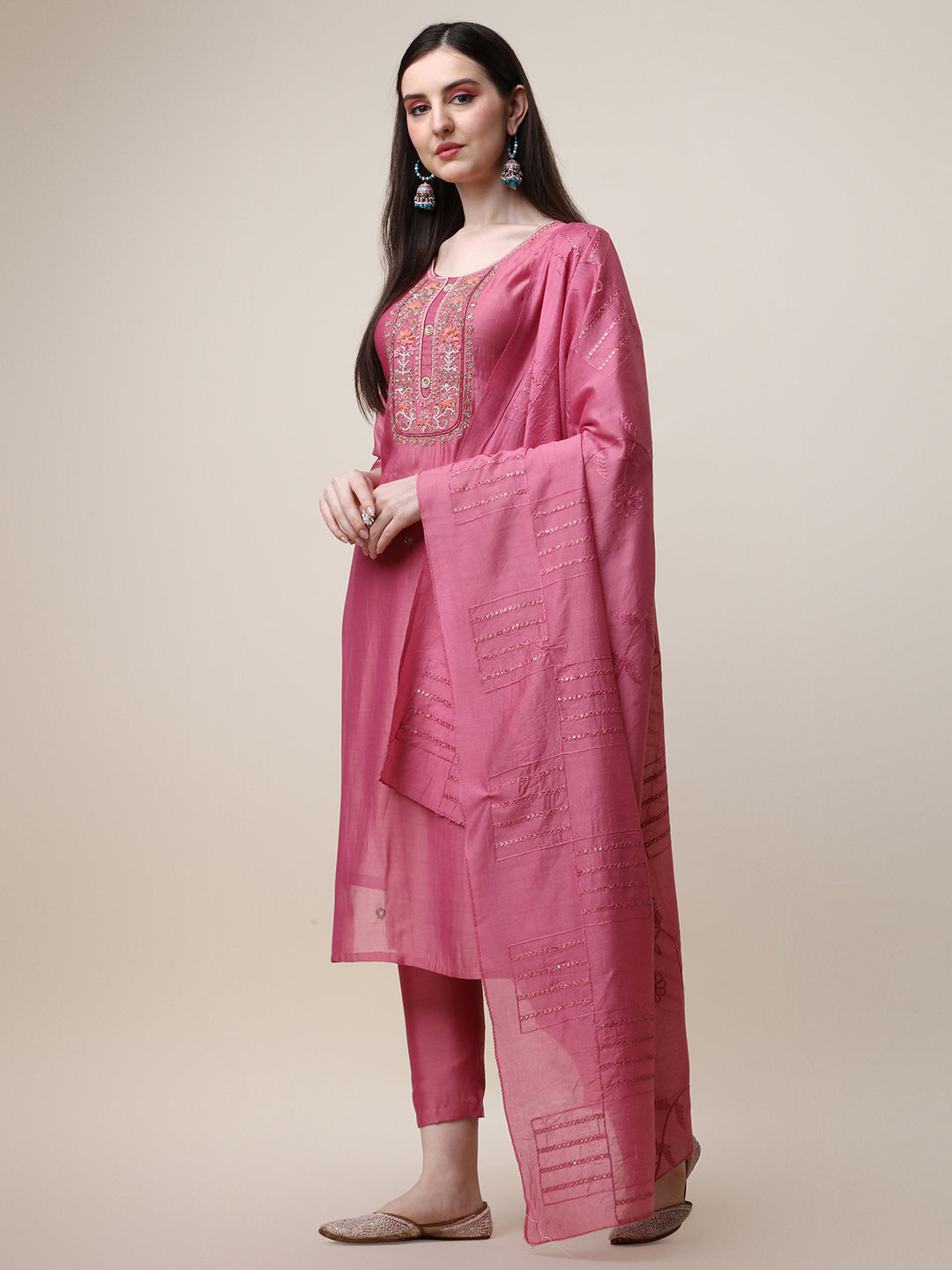 Embroidered Pink Kurta With Pant And Dupatta Set, Multicolor - Hiral Fashion