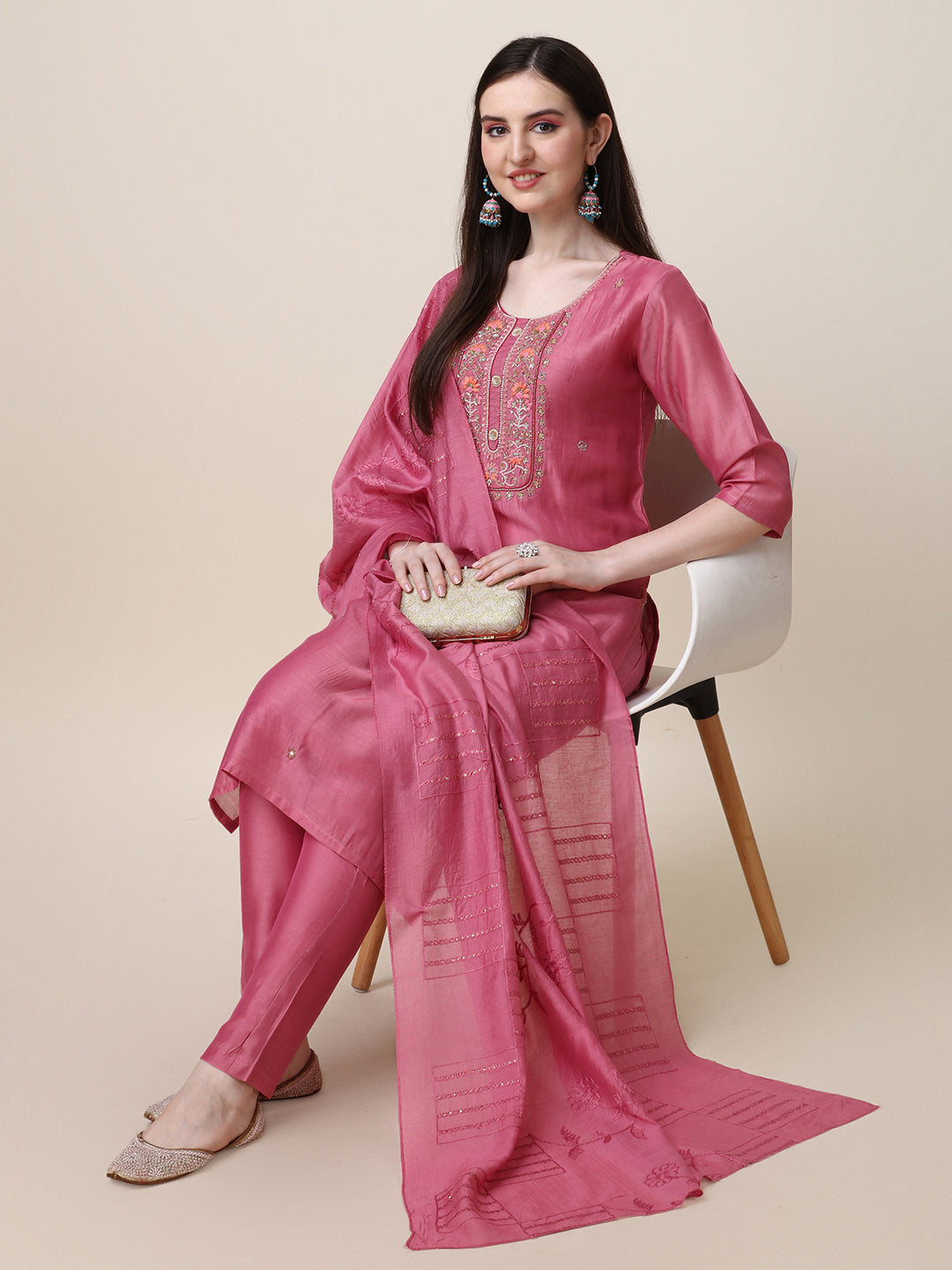 Embroidered Pink Kurta With Pant And Dupatta Set, Multicolor - Hiral Fashion
