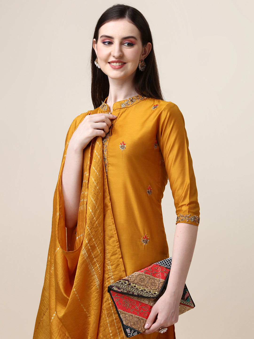 Embroidered Mandarin Collar Kurta With Pant And Dupatta Set, Multicolor - Hiral Fashion
