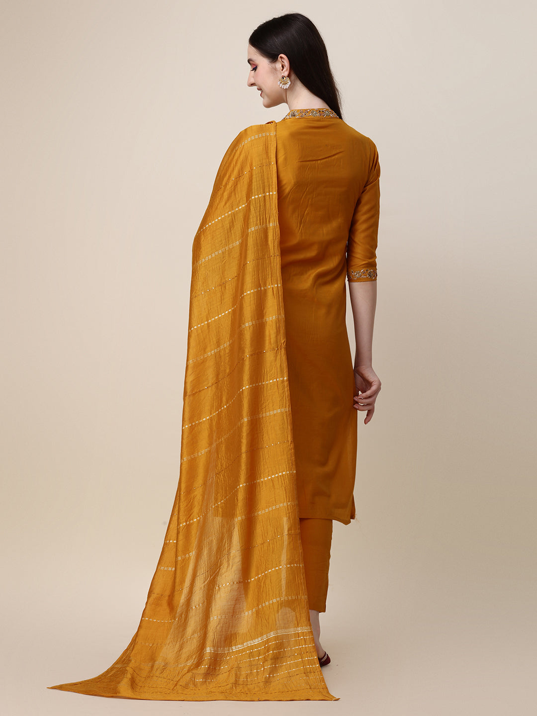 Embroidered Mandarin Collar Kurta With Pant And Dupatta Set, Multicolor - Hiral Fashion