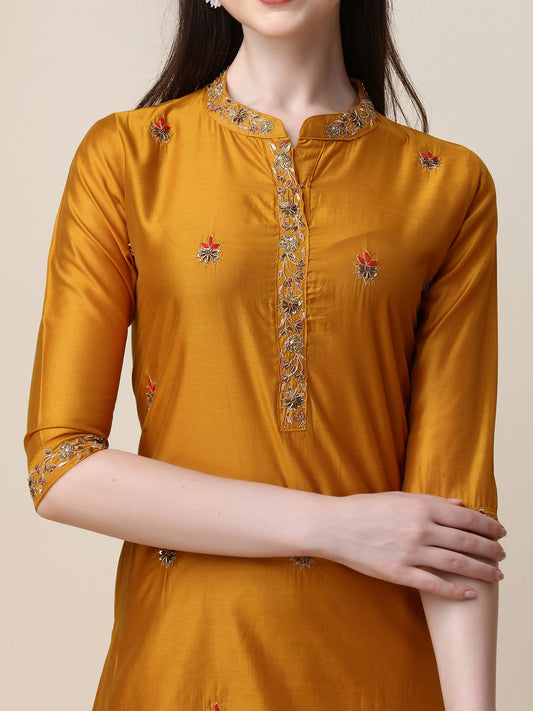 Embroidered Mandarin Collar Kurta With Pant And Dupatta Set, Multicolor - Hiral Fashion
