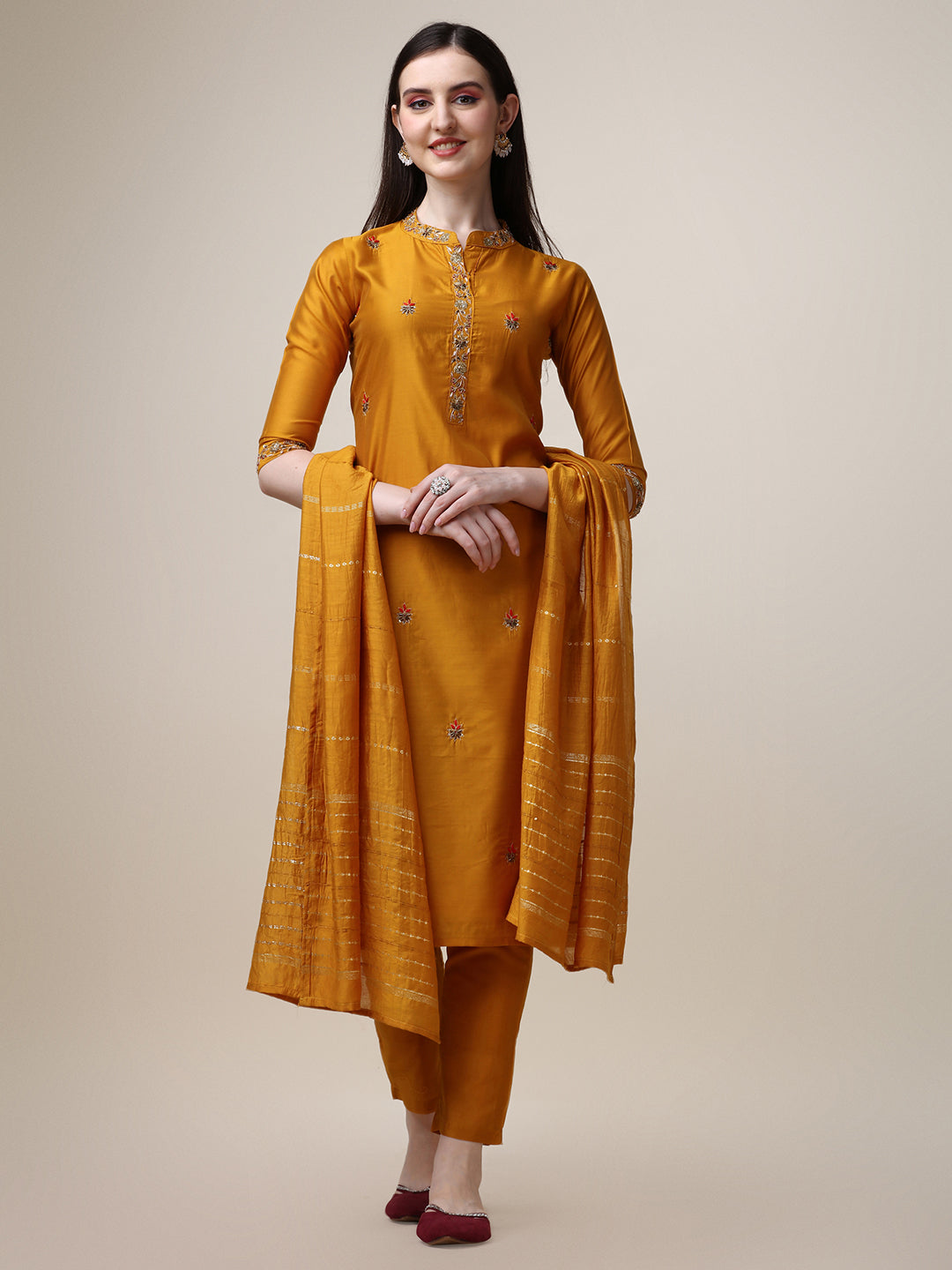 Embroidered Mandarin Collar Kurta With Pant And Dupatta Set, Multicolor - Hiral Fashion