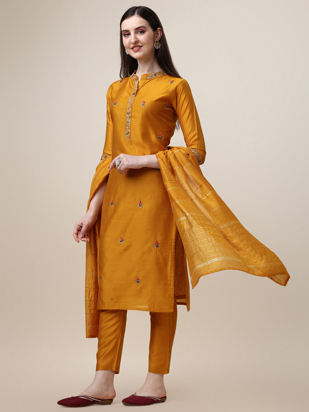 Embroidered Mandarin Collar Kurta With Pant And Dupatta Set, Multicolor - Hiral Fashion